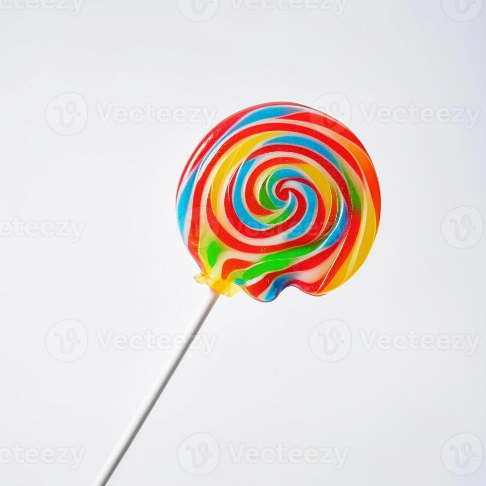 ai gegenereerd een kleurrijk lolly met een wit stok, zittend Aan een wit achtergrond. ai generatief foto