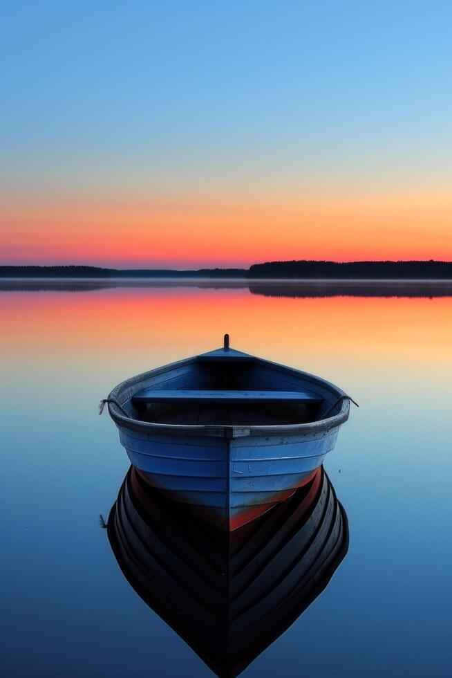 ai gegenereerd een eenzaam boot afdrijven Aan een sereen, glazig meer Bij de breken van dageraad foto