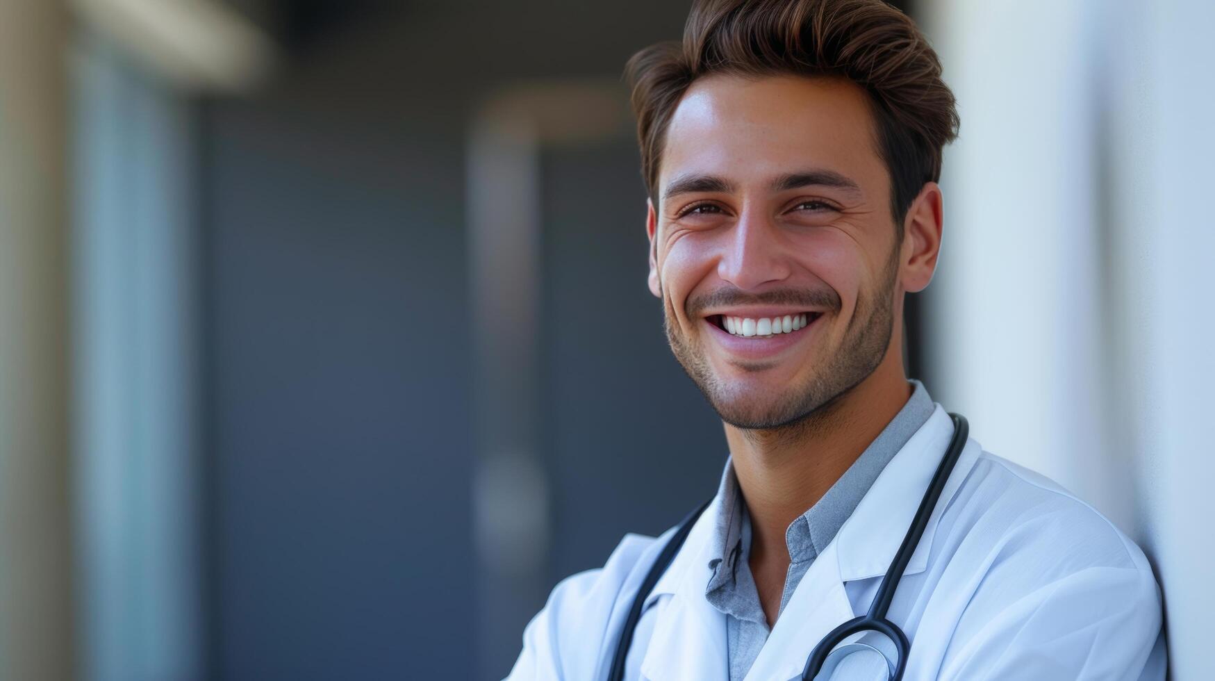 ai gegenereerd energiek jong dokter. een jong medisch professionele warm glimlach straalt uit mededogen en toewijding naar geduldig zorg foto