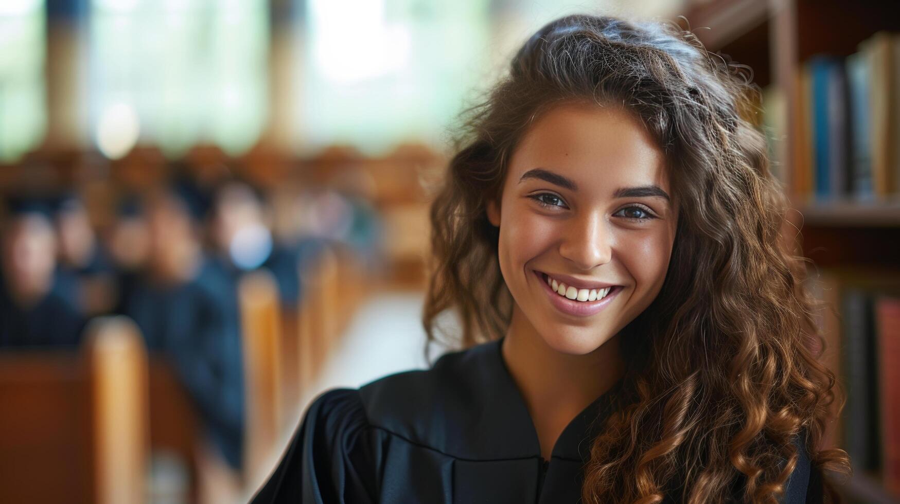 ai gegenereerd een wet studenten glimlach vertegenwoordigt hun enthousiasme voor aan het leren en een helder wettelijk toekomst foto