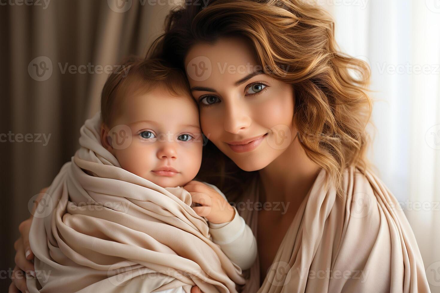 ai gegenereerd stralend moeder in een beige sjaal houdt haar kleuter dichtbij, sharing een liefhebbend blik. moeder dag concept. foto