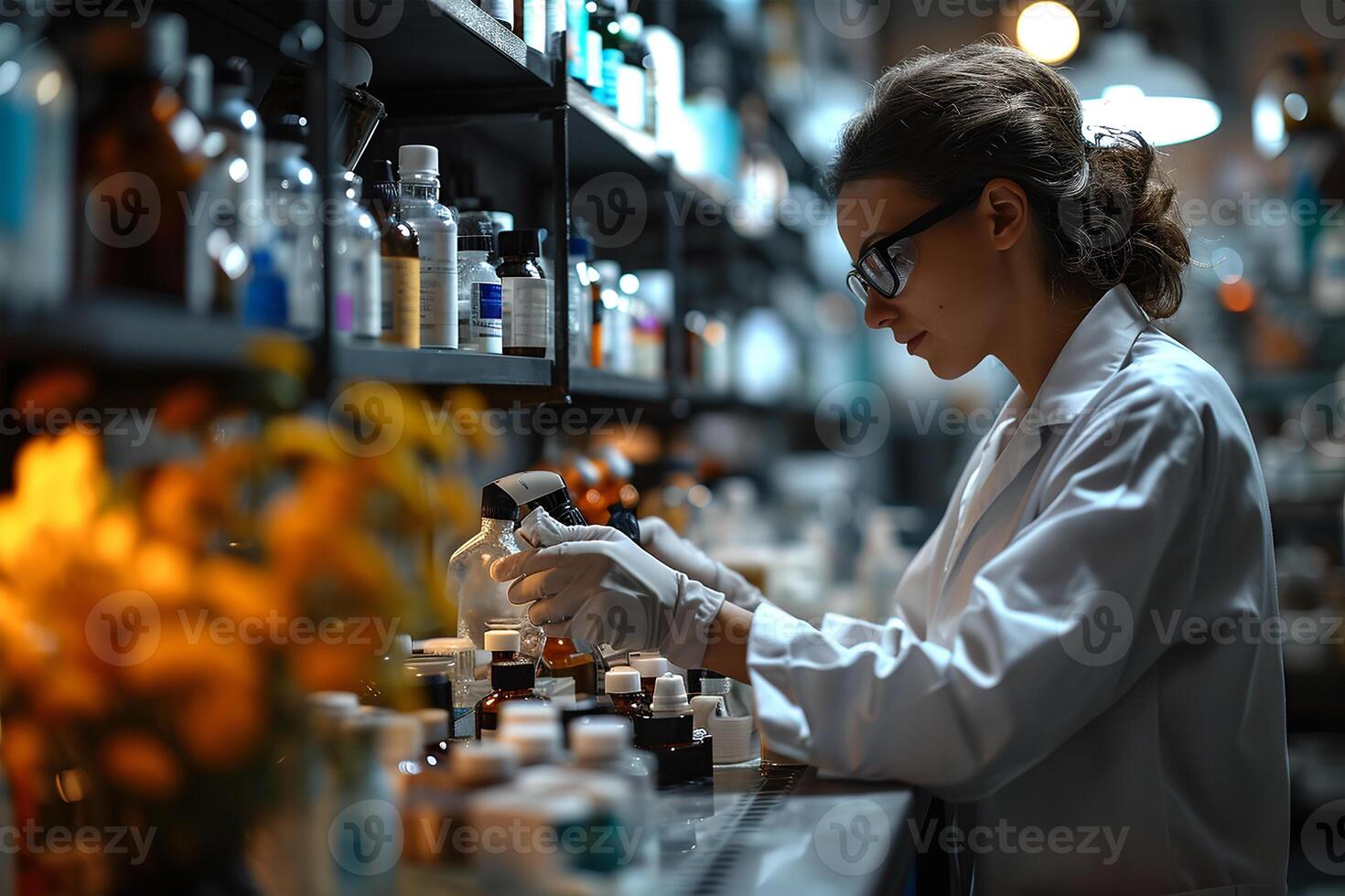 ai gegenereerd gefocust vrouw wetenschapper onderzoeken monsters in een high Tech laboratorium milieu foto