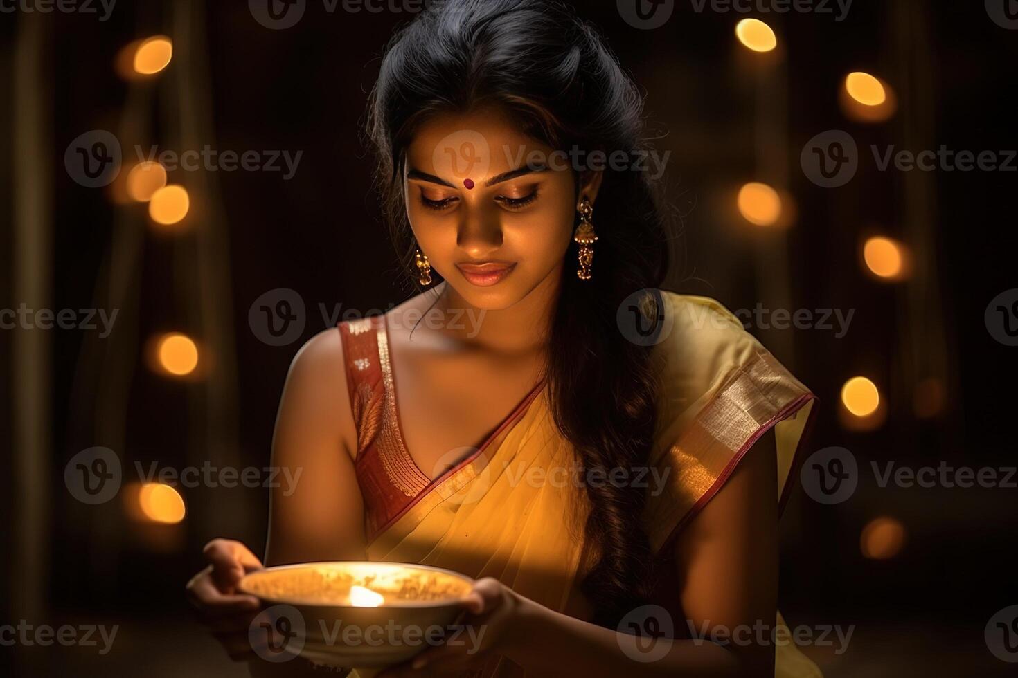 ai gegenereerd jong mooi Indisch vrouw Bij diwali viering foto