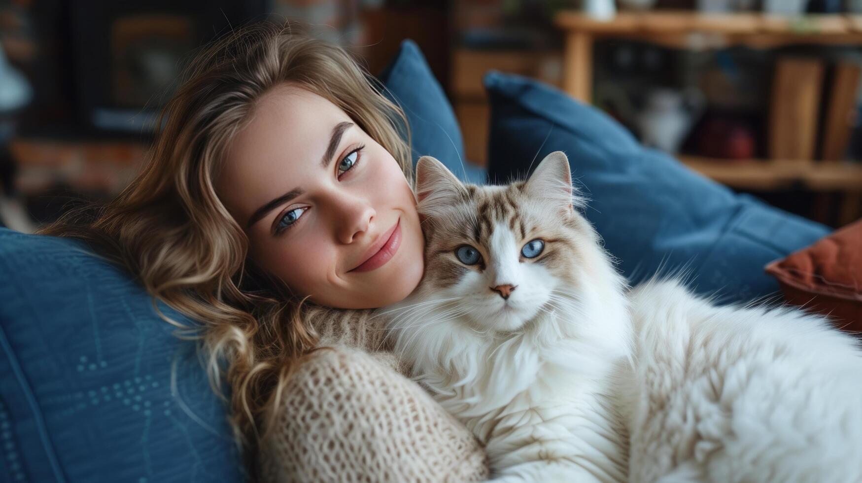 ai gegenereerd een jong vrouw is zittend Aan een mooi donker blauw bank. een groot wit pluizig kat leugens Aan haar ronde foto