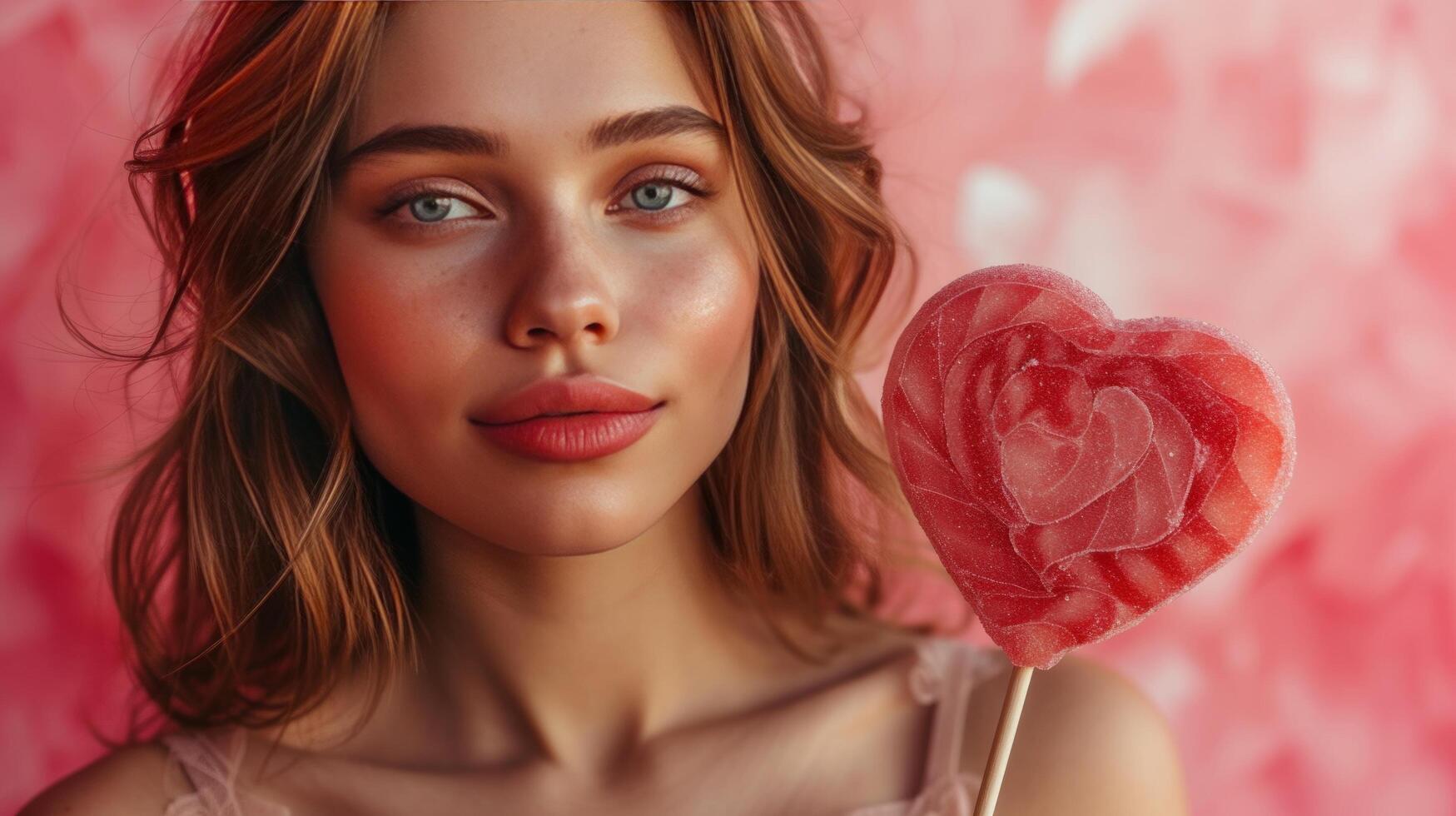 ai gegenereerd een mooi meisje staat op zoek Bij de camera en houdt een groot lolly in de vorm van een rood hart in haar hand- foto