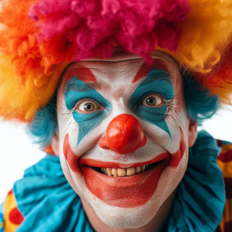 ai gegenereerd grappig vrolijk clown gieten uit Aan een wit achtergrond glimlachen en op zoek Bij de camera foto