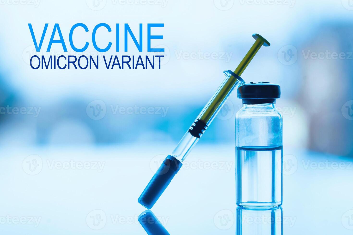 flesjes van geneesmiddel en injectiespuit Aan een blauw glas tafel met venster achtergrond foto