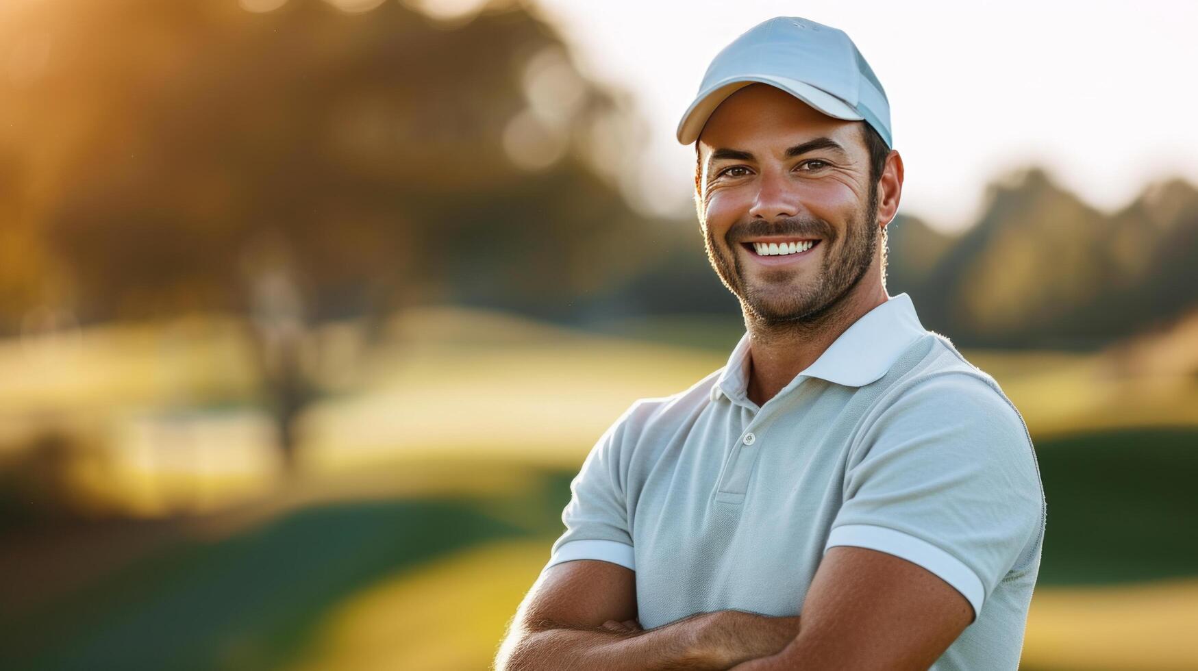 ai gegenereerd knap mannetje atleet golfspeler poseren en op zoek glimlachen Bij de camera foto