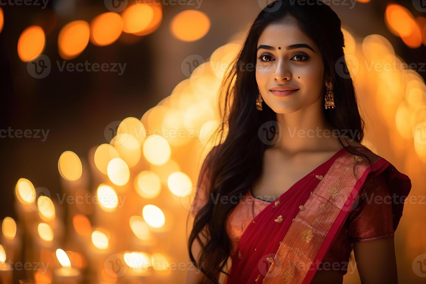 ai gegenereerd jong mooi Indisch vrouw Bij diwali viering foto