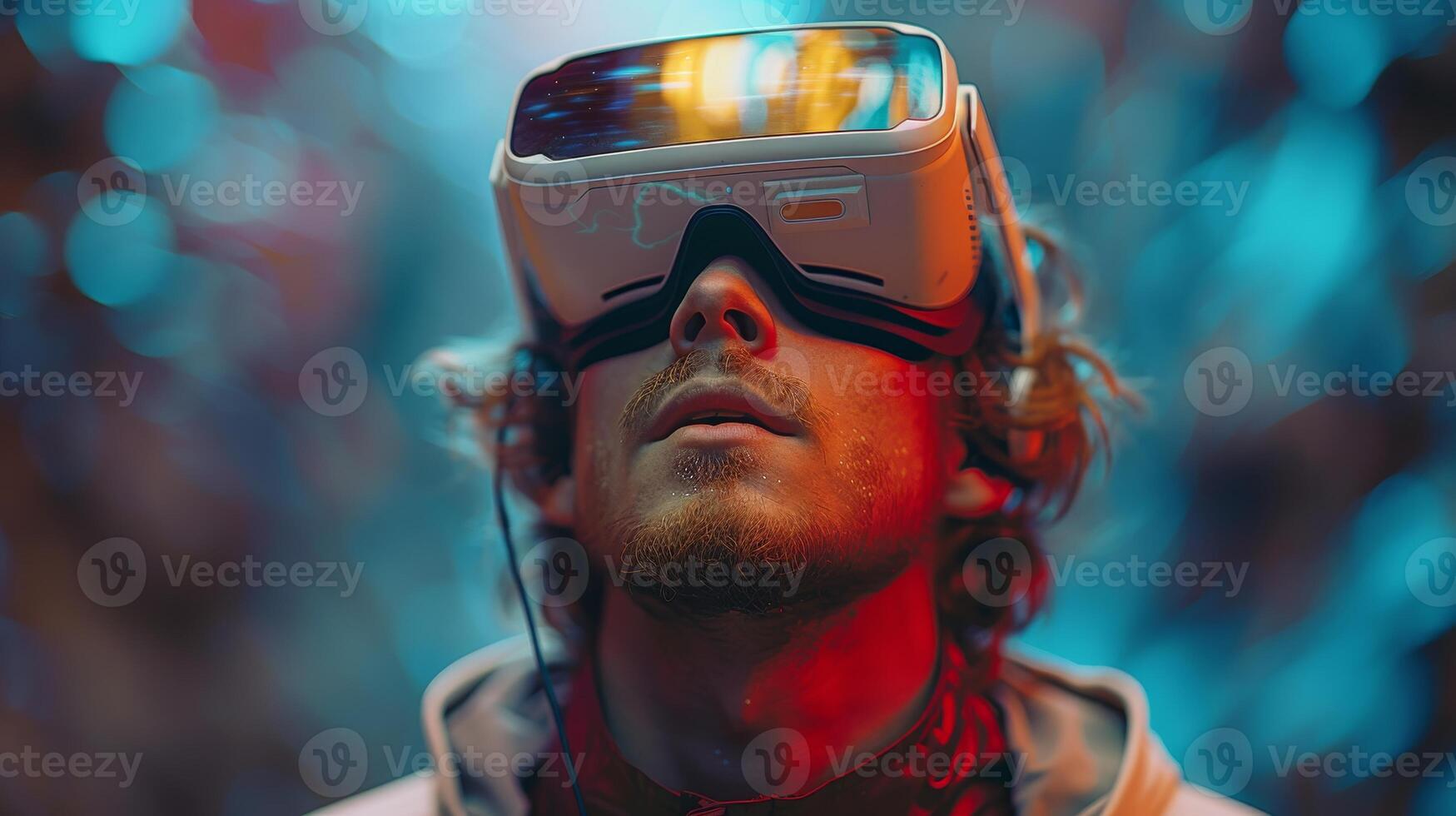 ai gegenereerd concept van virtueel realiteit, driedimensionaal technologie, amusement, cyberruimte, en mensen - gelukkig jong Mens vervelend virtueel realiteit bril of een virtueel realiteit koptelefoon foto