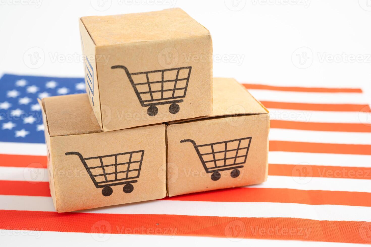 doos met boodschappen doen online kar logo en Verenigde Staten van Amerika Amerika vlag, importeren exporteren boodschappen doen online of handel financiën levering onderhoud op te slaan Product handel, leverancier. foto