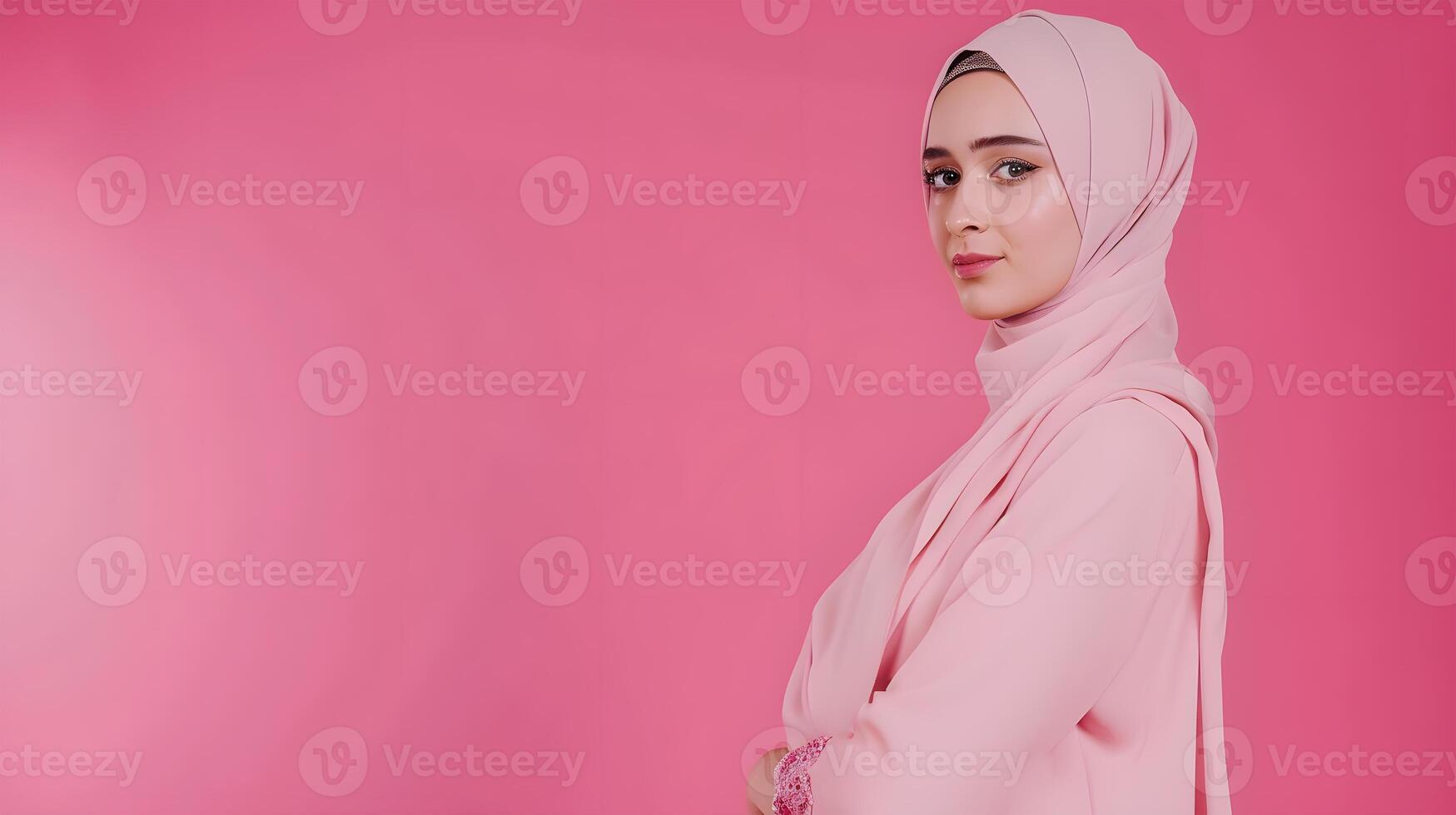 ai gegenereerd mooi hijab dragen vrouw in een portret presentatie van een blanco roze kleur foto studio concept met elegantie