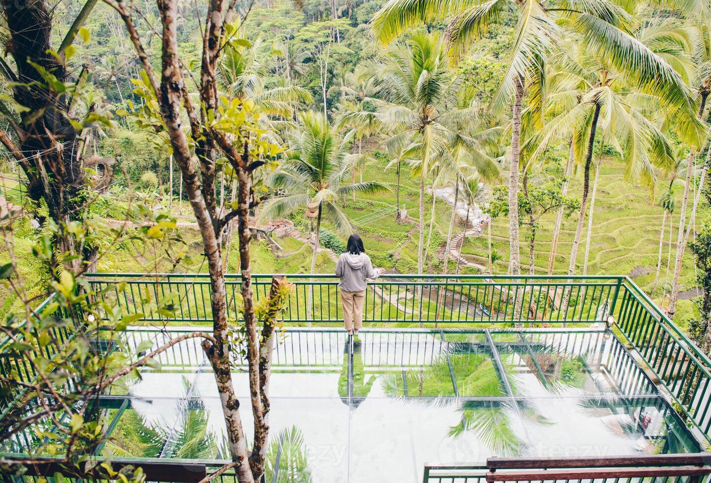 Aziatisch Dames staand Aan de visie punt en op zoek naar de mooi rijst- veld- terrassen in de oerwoud van ubud, Bali eiland van Indonesië. foto