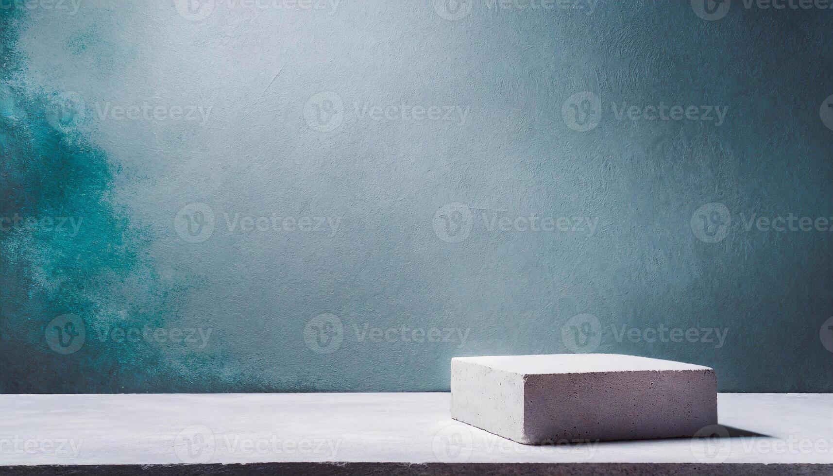 ai gegenereerd elegant minimalistische tafereel met een wit voetstuk beton Aan een beton tafel tegen een getextureerde blauw beton backdrop foto
