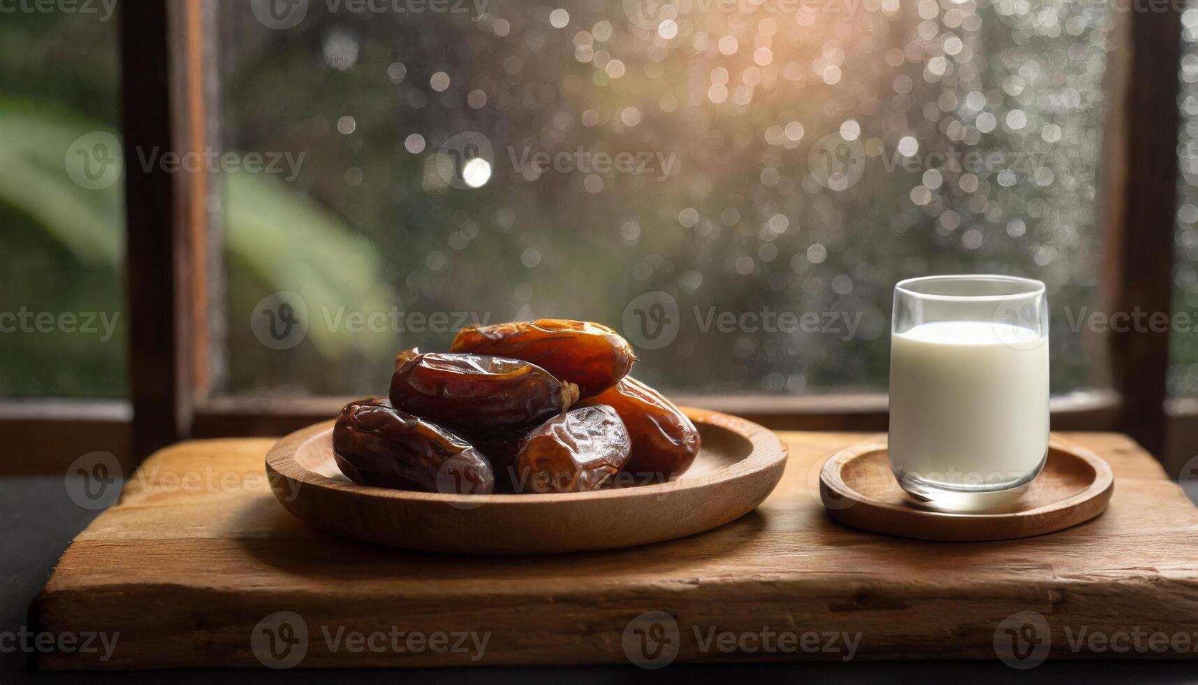 ai gegenereerd een sereen instelling van datums in een houten kom met een glas van melk in voorkant van venster in regenachtig dag, vastleggen de essence van Ramadan. ideaal voor iftar uitnodigingen of Ramadan groeten foto