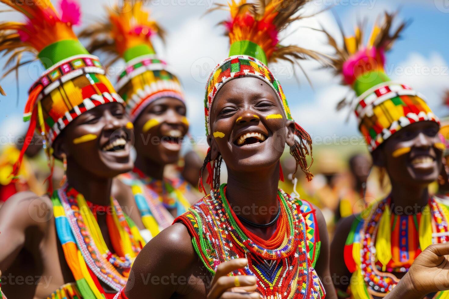 ai gegenereerd Afrikaanse tribal dans, gelukkig mensen in traditioneel kleding dansen foto