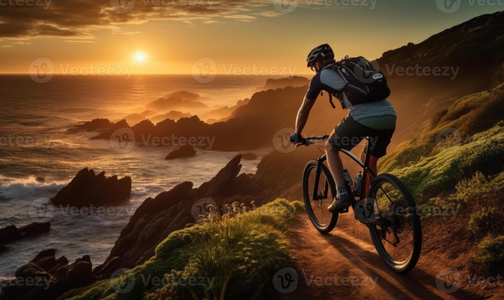 ai gegenereerd fietser rijden een fiets in de buurt de oceaan Aan zonsondergang foto