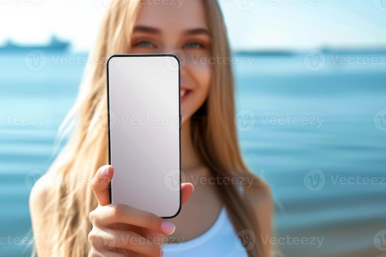 ai gegenereerd detailopname, gelukkig mooi vrouw tonen wit smartphone, generatief ai foto