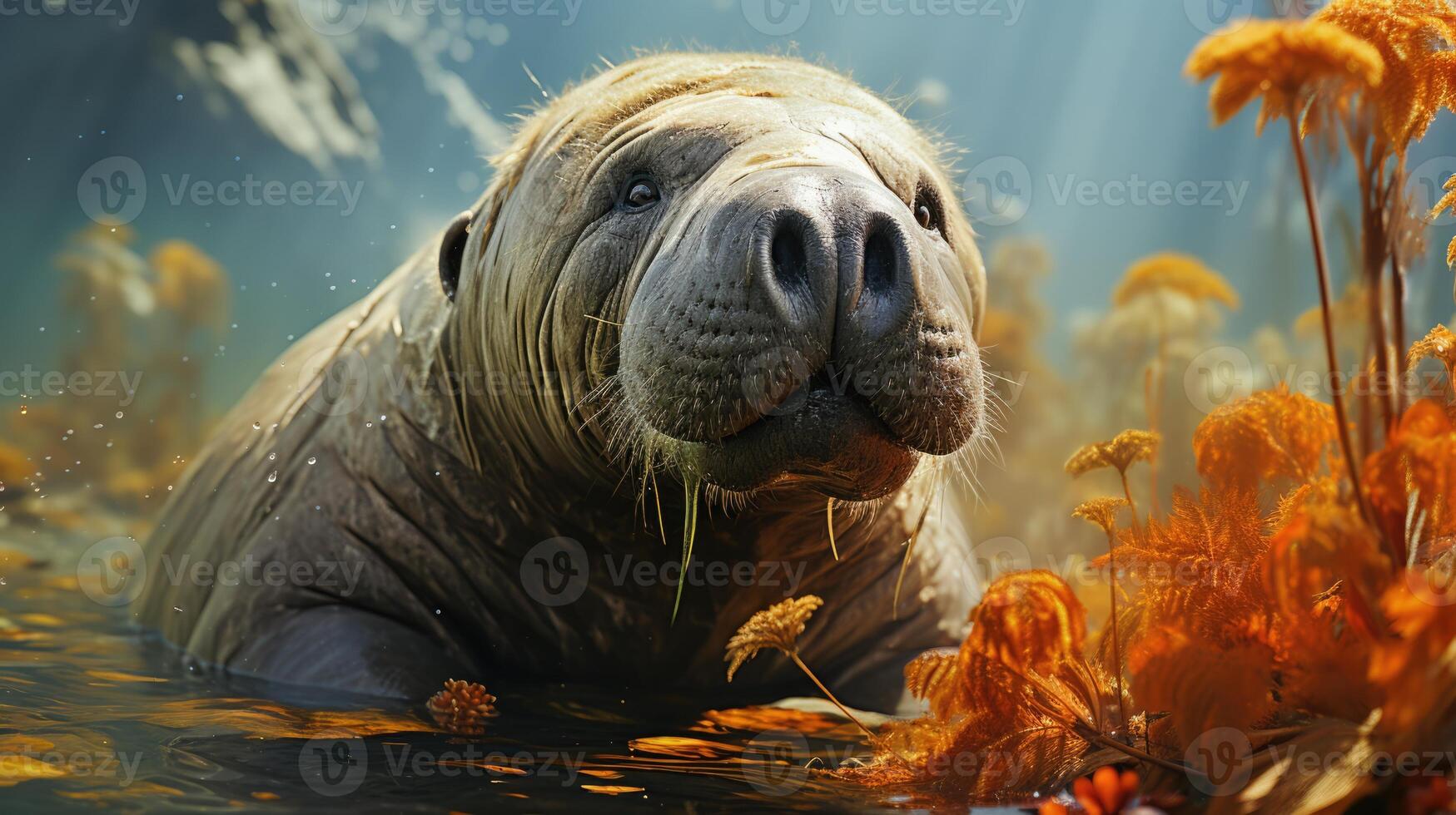 ai gegenereerd lamantijn begrazing in zeegras een sereen onderwater- tafereel vastleggen marinier leven en milieuvriendelijk aspecten Aan wereld zeegras dag, zee koe in haar aquatisch, lamantijn en zeegras biodiversiteit foto