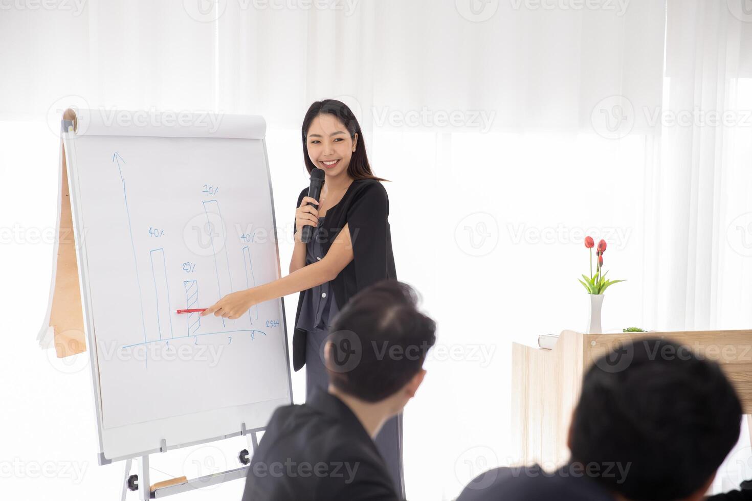 Aziatisch zakenmensen leider vrouw zelfverzekerd lood presentator in vergadering klasse seminarie. bedrijf afzet gepresenteerd hoger verdiensten toenemen inkomen tarief. foto