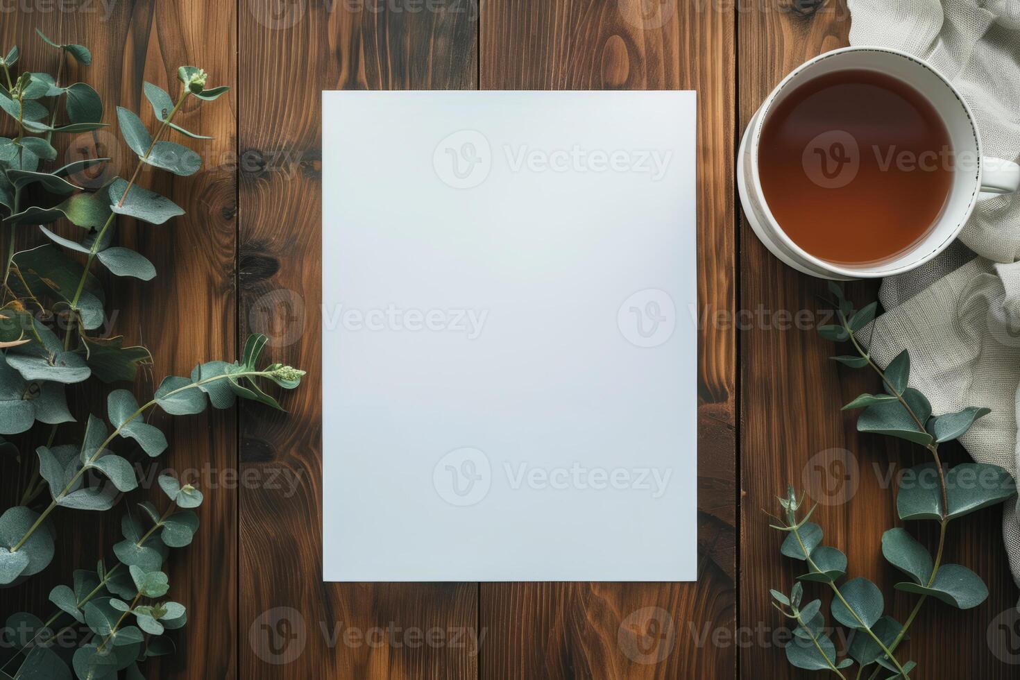 ai gegenereerd top visie van blanco a4 papier mockup Aan houten tafel achtergrond. generatief ai foto