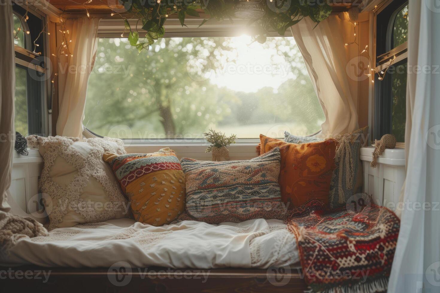 ai gegenereerd binnen de camper bestelwagen. kussens en boho stijl decoratie van de huis Aan wielen. generatief ai foto