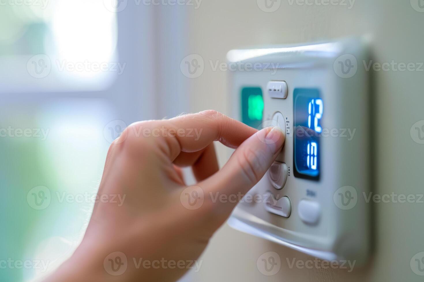 ai gegenereerd hand- instelling de temperatuur Aan de thermostaat in modern huis. generatief ai foto