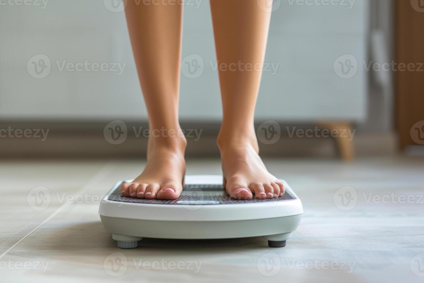 ai gegenereerd vrouw kaal voeten staand Aan digitaal elektronisch gewicht schaal Bij huis. generatief ai foto