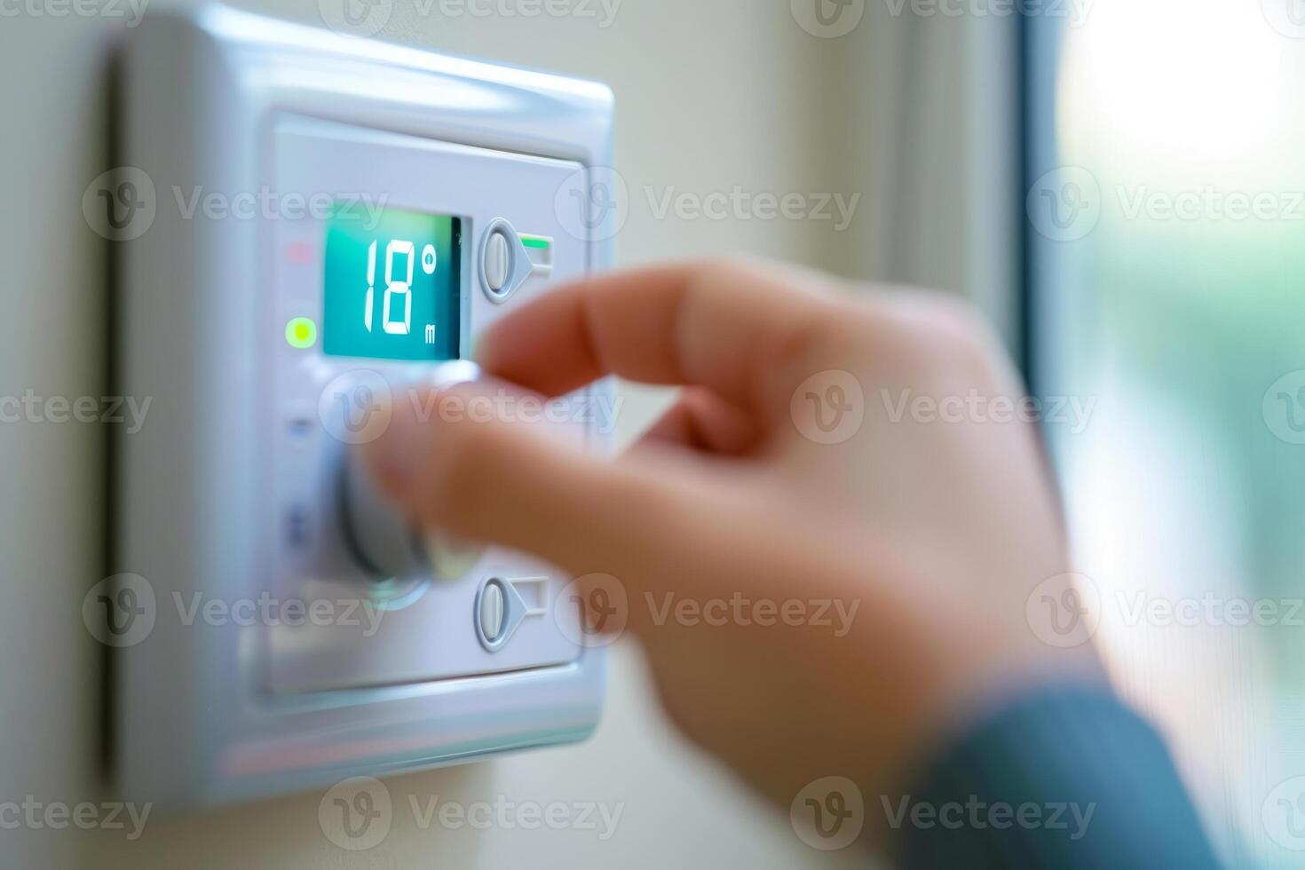 ai gegenereerd hand- instelling de temperatuur Aan de thermostaat in modern huis. generatief ai foto