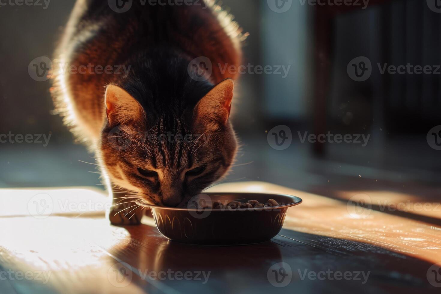 ai gegenereerd kat eet voedsel van een schaal. schattig huiselijk dier. generatief ai foto