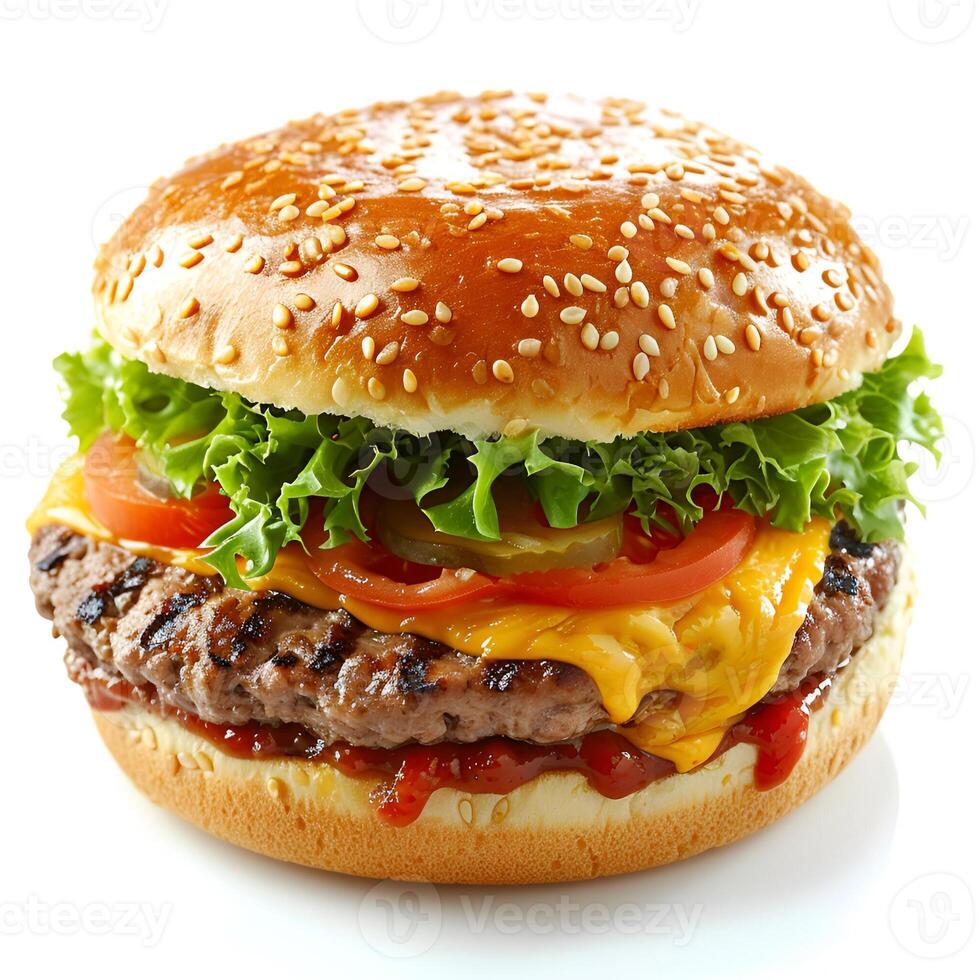 ai gegenereerd een heerlijk rundvlees hamburger met sappig pasteitje, kaas, tomaat, saus, en sla geïsoleerd Aan de wit achtergrond foto