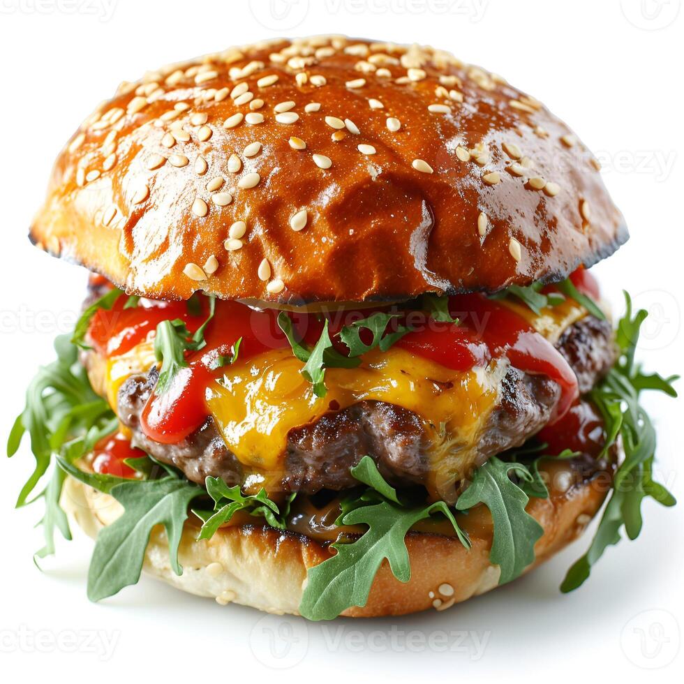 ai gegenereerd een heerlijk rundvlees hamburger met sappig pasteitje, kaas, tomaat, saus, en sla geïsoleerd Aan de wit achtergrond foto