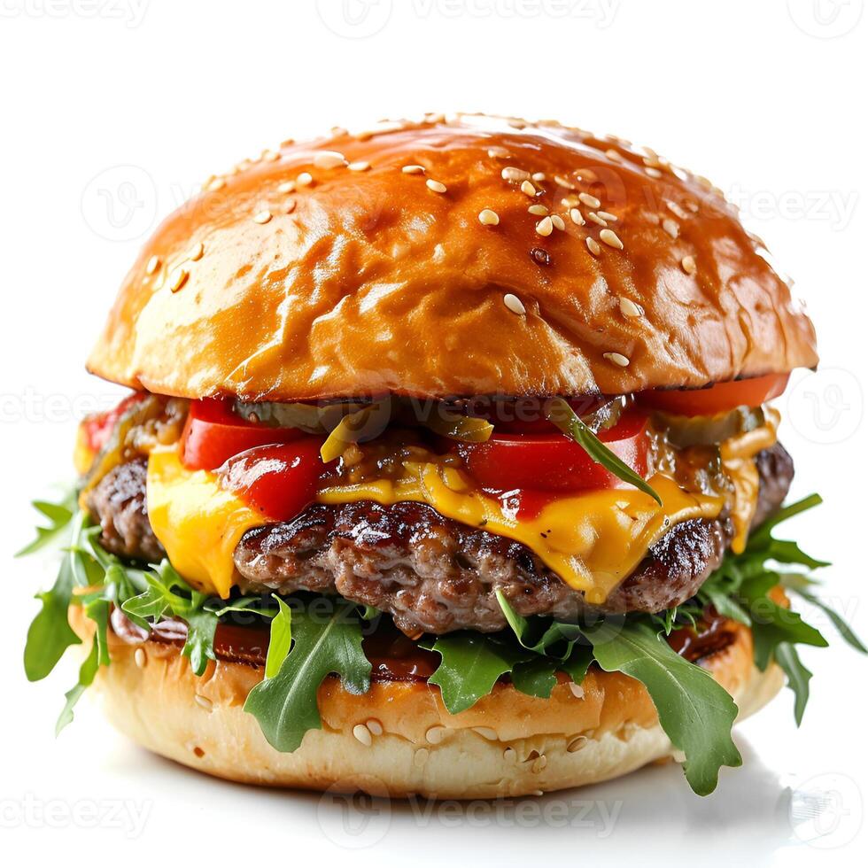 ai gegenereerd een heerlijk rundvlees hamburger met sappig pasteitje, kaas, tomaat, saus, en sla geïsoleerd Aan de wit achtergrond foto