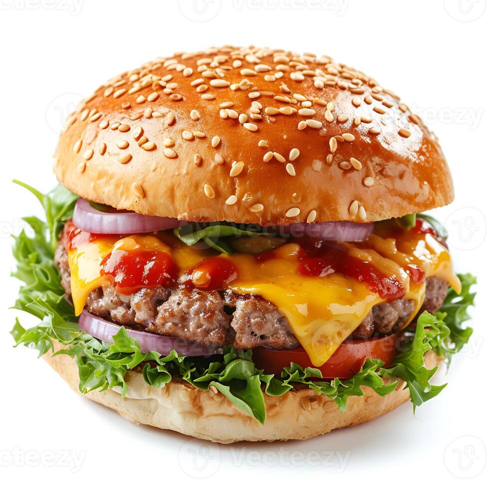 ai gegenereerd een heerlijk rundvlees hamburger met sappig pasteitje, kaas, tomaat, saus, en sla geïsoleerd Aan de wit achtergrond foto