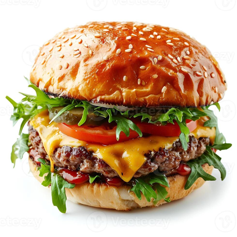 ai gegenereerd een heerlijk rundvlees hamburger met sappig pasteitje, kaas, tomaat, saus, en sla geïsoleerd Aan de wit achtergrond foto