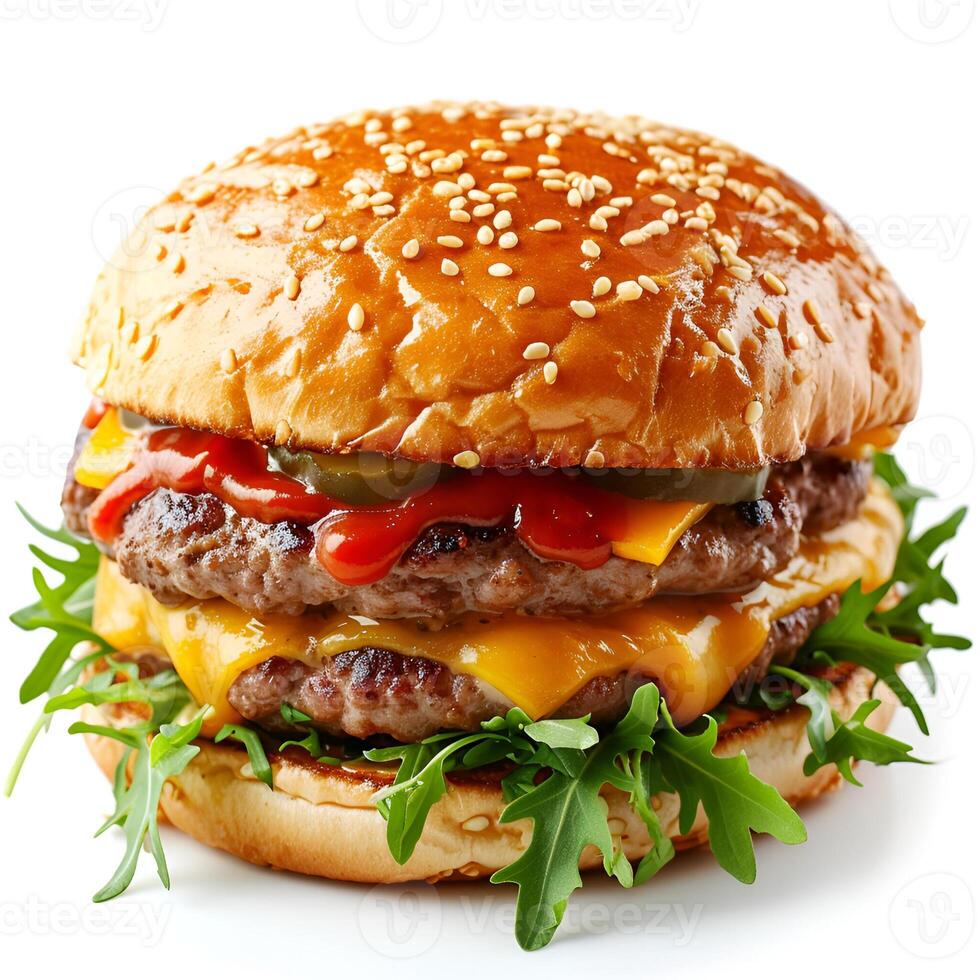 ai gegenereerd een heerlijk rundvlees hamburger met sappig pasteitje, kaas, tomaat, saus, en sla geïsoleerd Aan de wit achtergrond foto