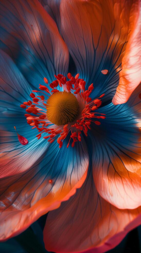 ai gegenereerd detailopname van de bloemblaadjes van een oranje en blauw papaver bloem foto