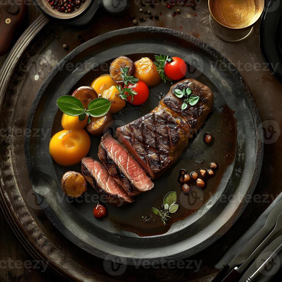 ai gegenereerd fijnproever feest - sappig steak met gouden aardappelen foto