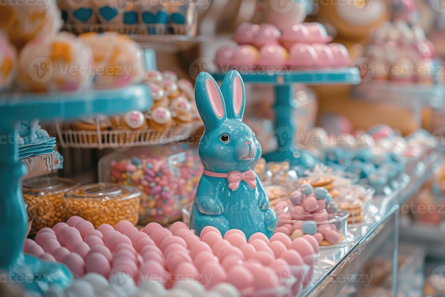 ai gegenereerd Pasen snoep winkel Scherm met een charmant blauw konijn beeldje tussen een rangschikking van pastel gekleurde snoepgoed en behandelt foto