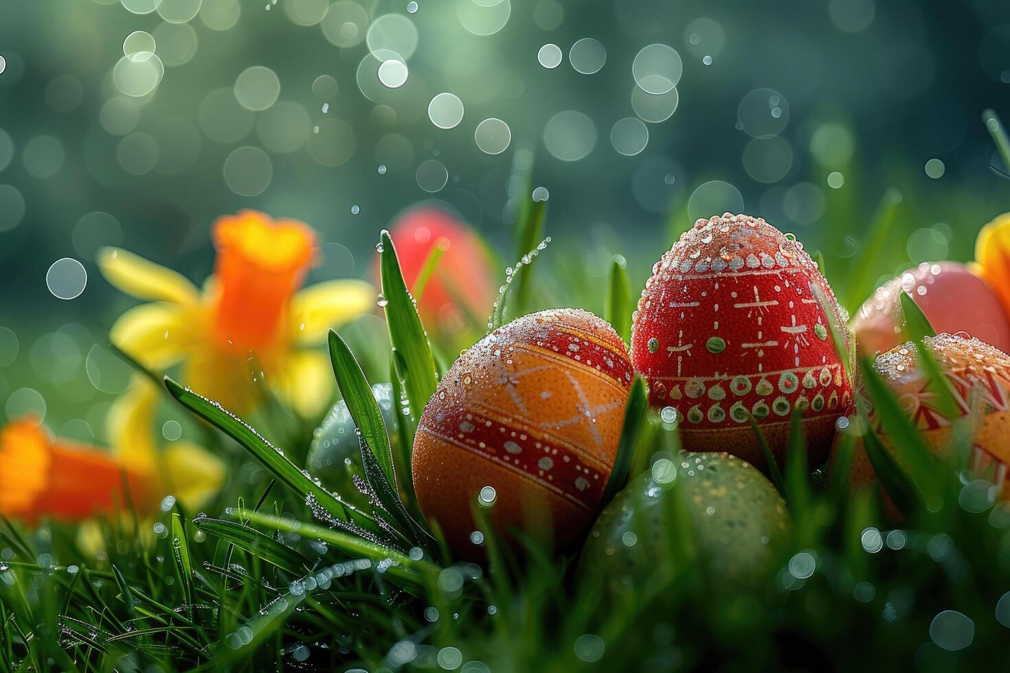 ai gegenereerd Pasen eieren met ochtend- dauw Aan hen genesteld in de gras in bokeh achtergrond foto