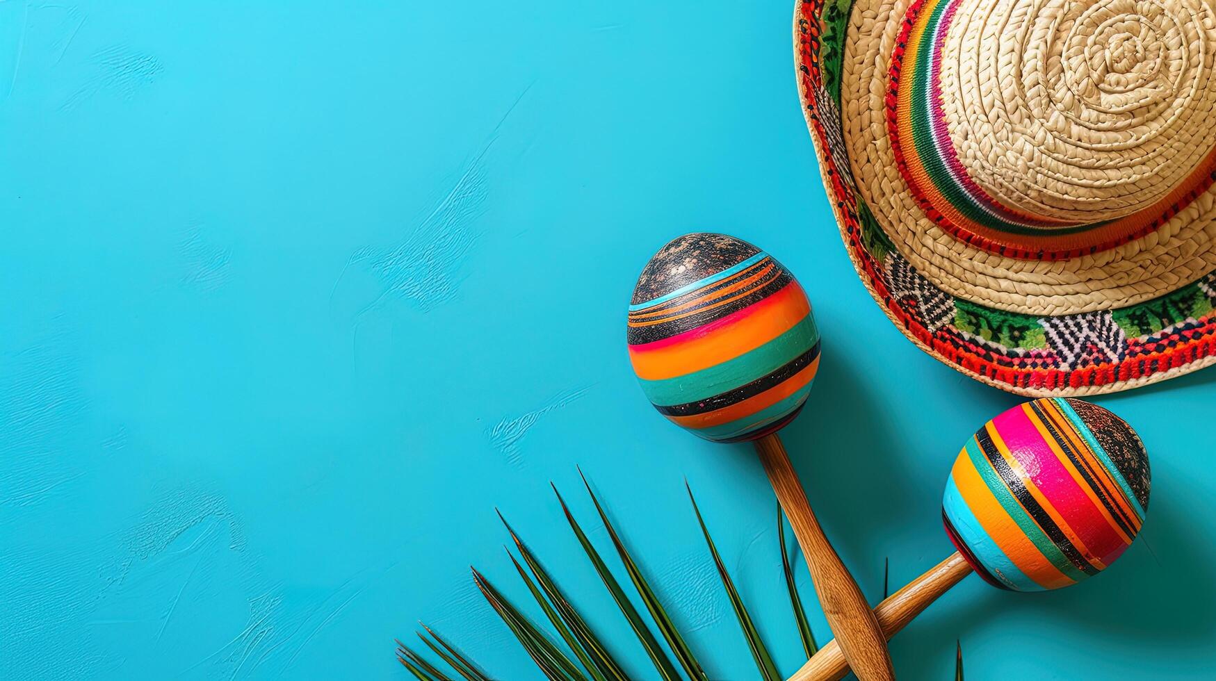 ai gegenereerd Mexicaans sombrero's en palm bladeren Aan blauw achtergrond, ai generatief foto