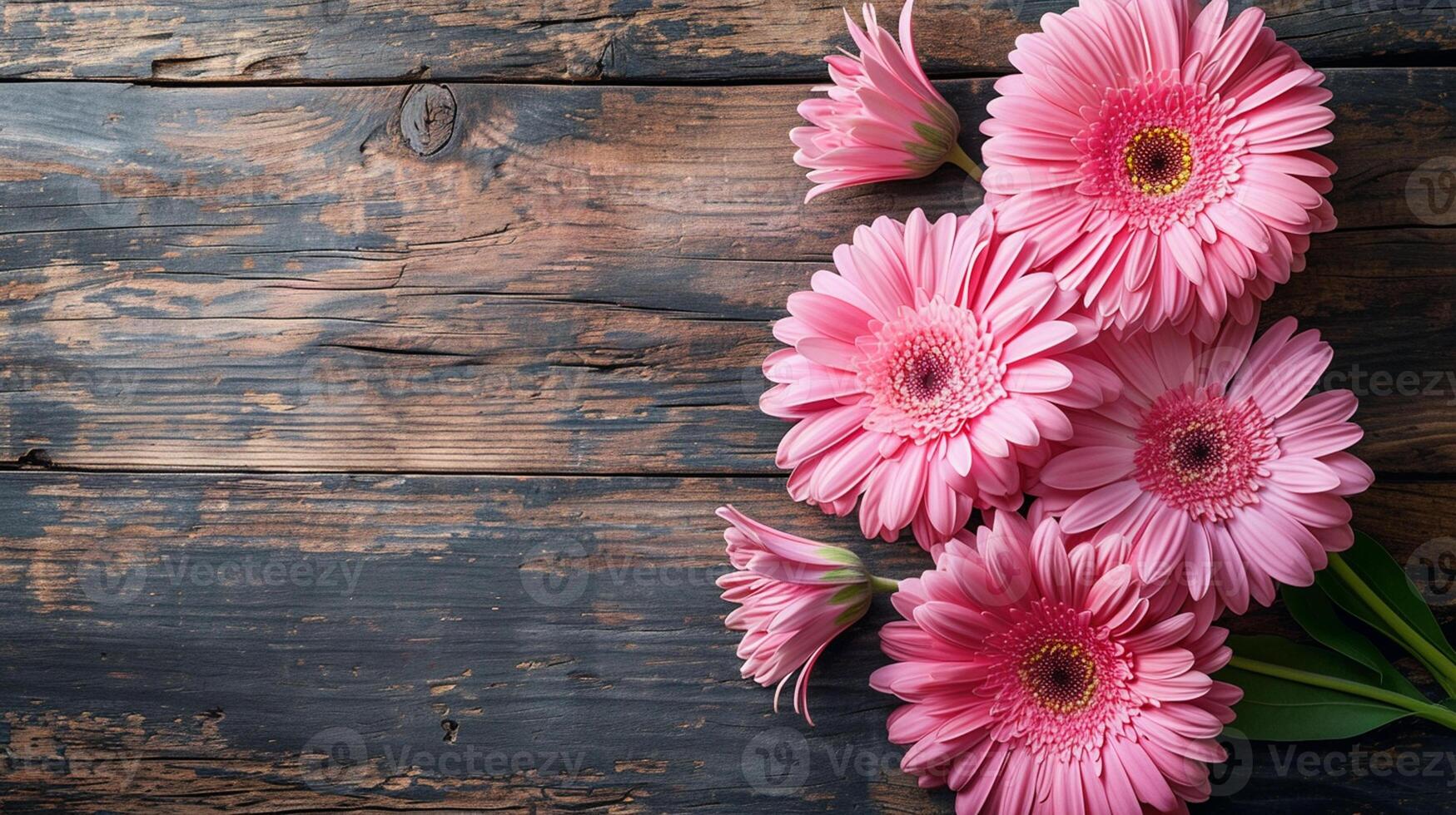 ai gegenereerd een boeket van roze gerbera madeliefjes gelegd Aan een houten oppervlakte foto