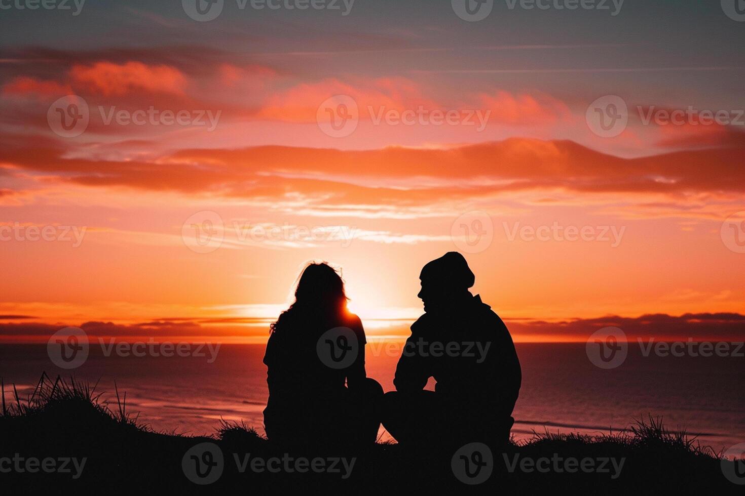 ai gegenereerd silhouet Mens en vrouw zittend tegen een dramatisch zonsondergang foto