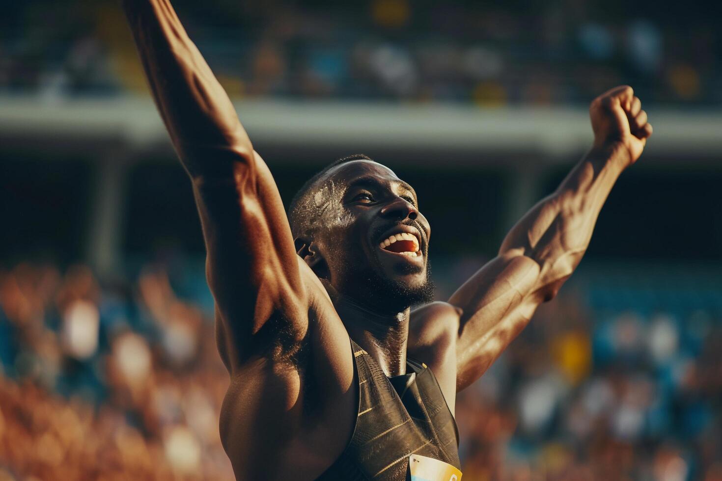 ai gegenereerd atleet vieren zijn zege in een bijhouden en veld- wedstrijd. foto