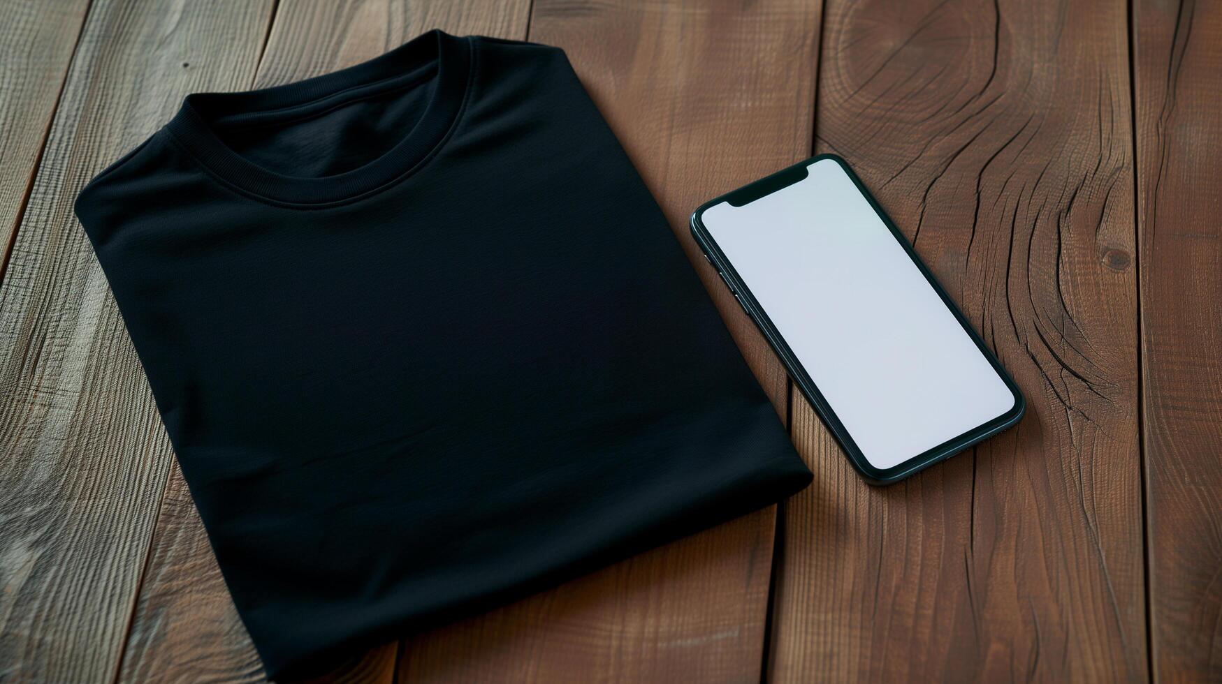 ai gegenereerd top visie van blanco zwart t-shirt unisex mockup met leeg scherm smartphone voor ontwerp sjabloon Aan hout achtergrond foto