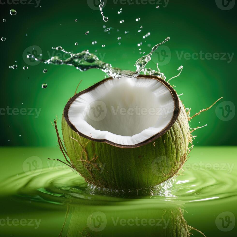 ai gegenereerd vers half gebarsten kokosnoot vallen in water en maken een mooi water plons, geïsoleerd Aan licht groen achtergrond. foto