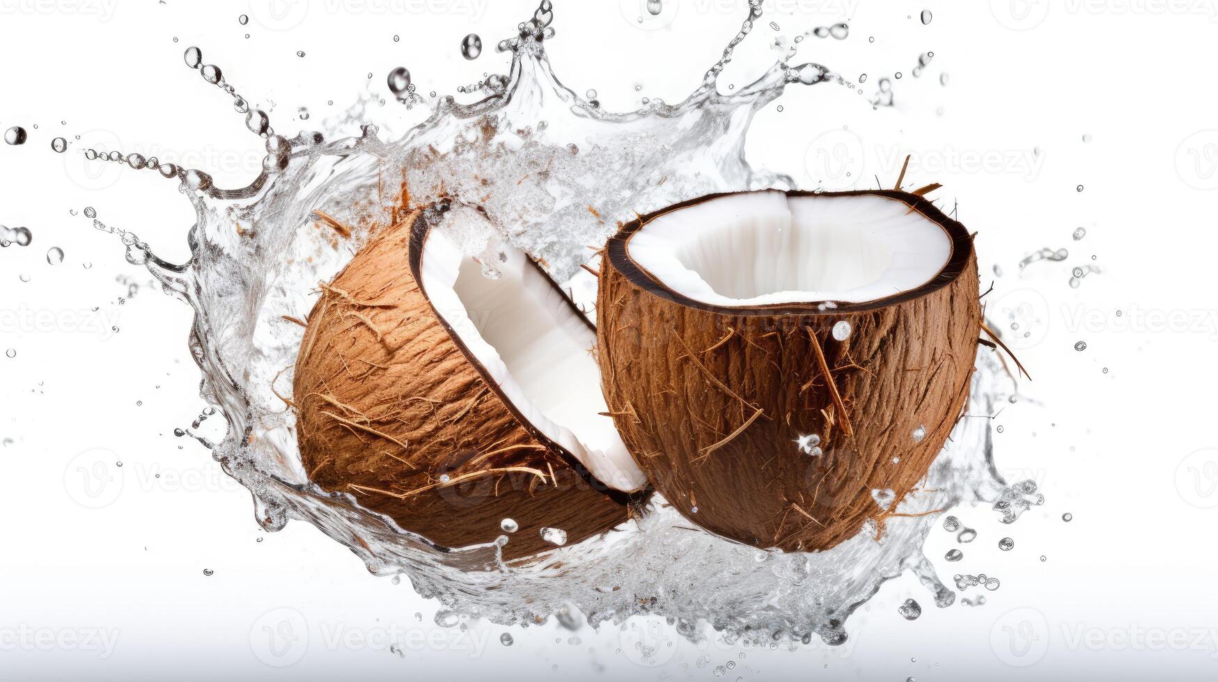 ai gegenereerd vers bruin kleur voor de helft besnoeiing kokosnoot fruit met water spatten, geïsoleerd Aan wit achtergrond. foto
