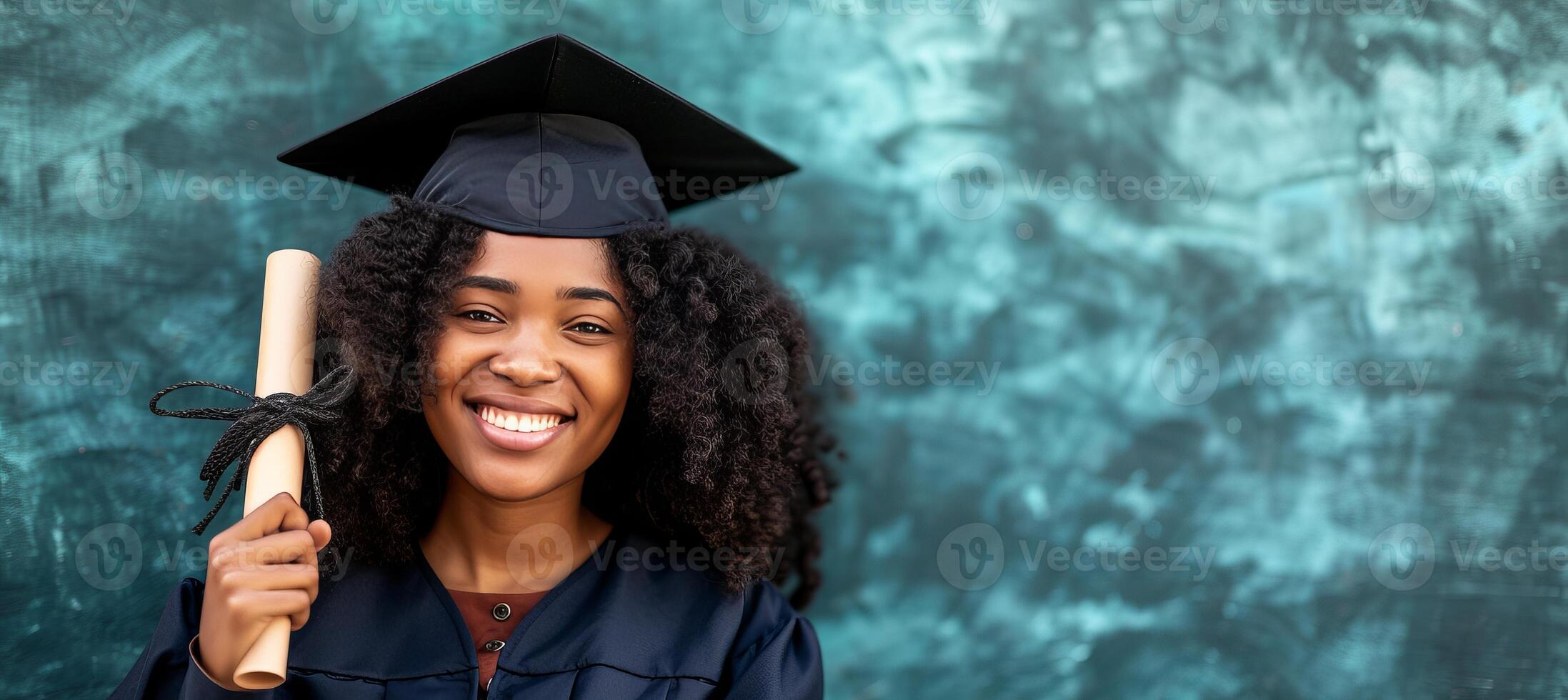 ai gegenereerd stralend afstuderen met diploma Aan groen studio achtergrond, perfect voor reclame met tekst ruimte. foto