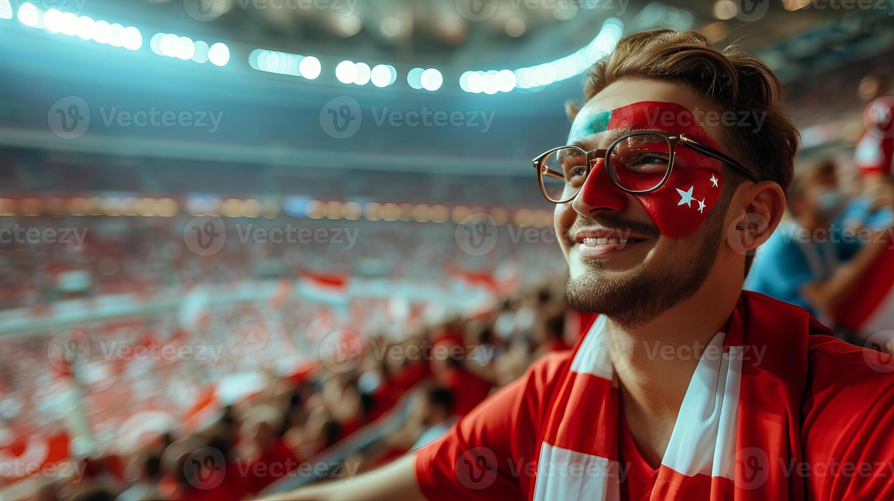 ai gegenereerd gelukkig kalkoen vlag gezicht geschilderd ventilator juichen Bij sport- evenement met wazig stadion achtergrond foto