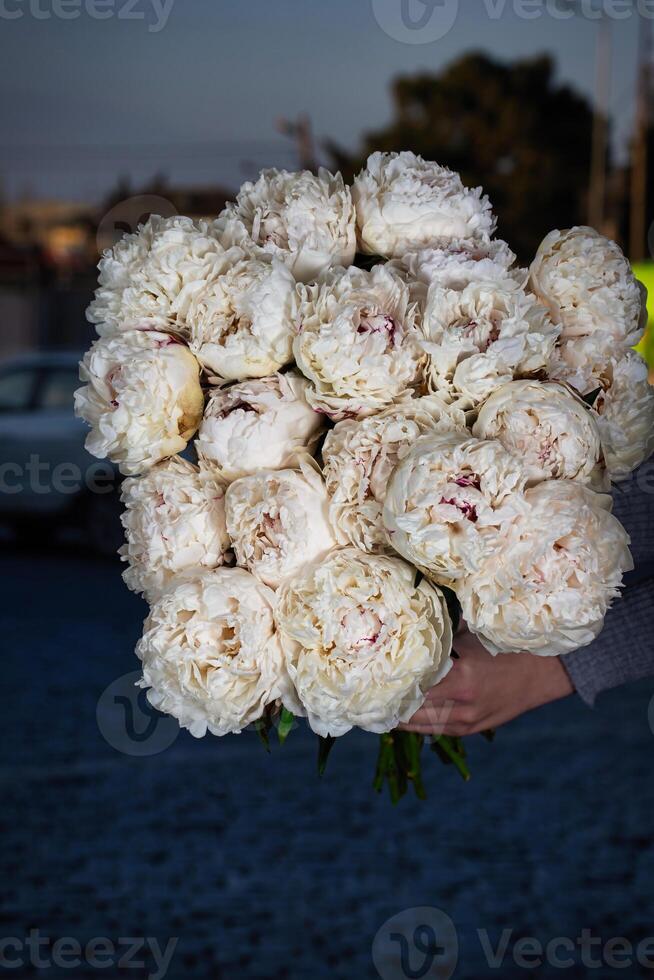 persoon Holding wit bloemen boeket foto